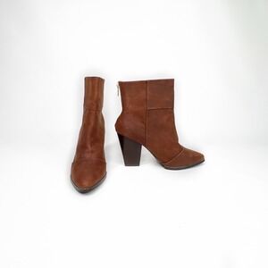 KELSI DAGGER 10 Brown Leather Ankle Boots‎ With Back Zipper & Block Heel
